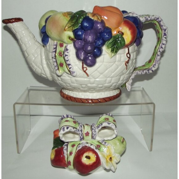 Teapot floral bow porcelain ceramic basketweave fruit with lid multicolor - Picture 3 of 16